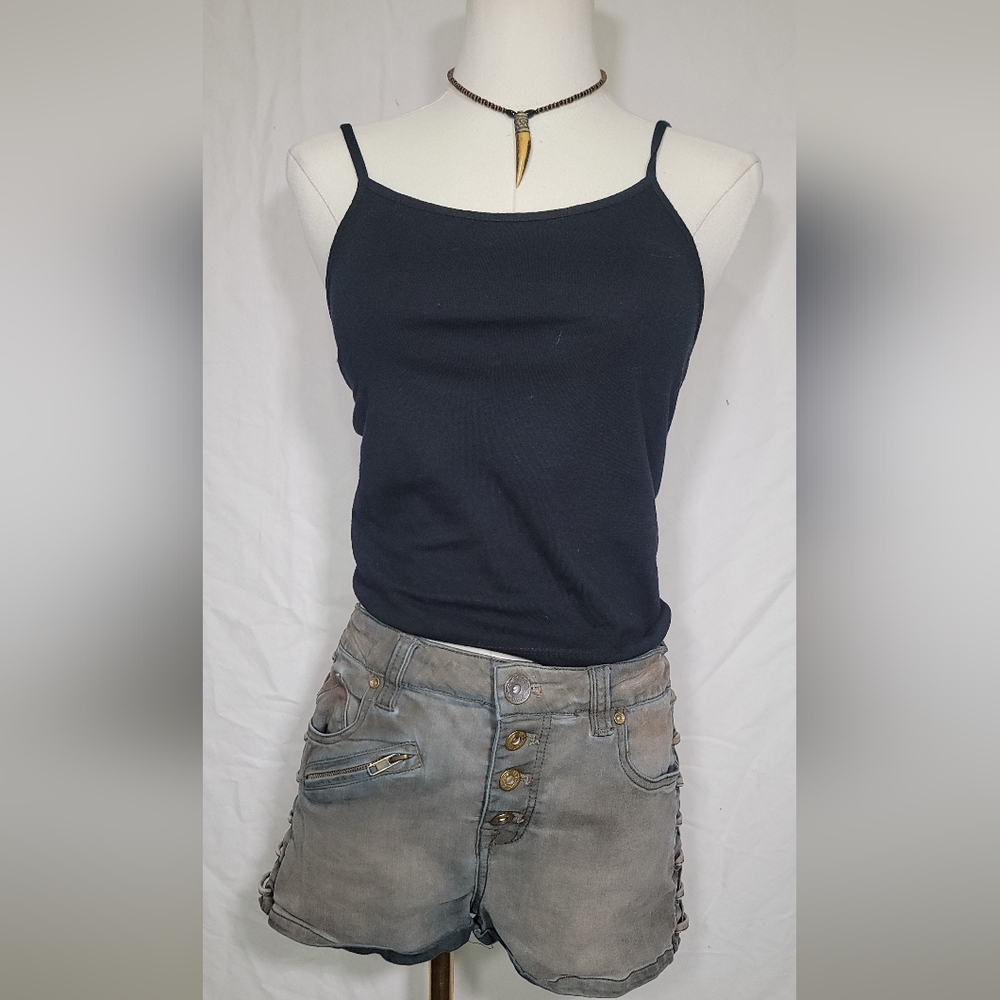 Free People Gray Distressed Old West Lace Sides Button Fly, Size 28